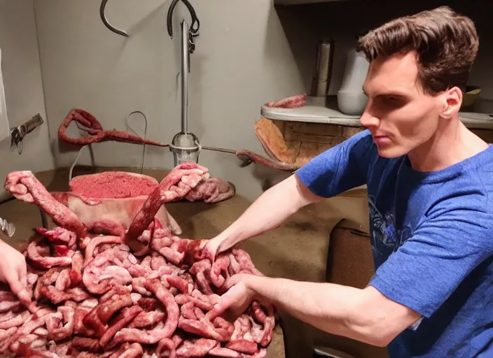 Prompt: Jerma putting a person in a meat grinder in a basement