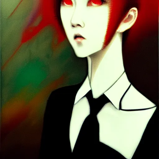 Image similar to yoshitaka amano blurred and dreamy realistic three quarter angle portrait of a young woman with short hair and black eyes wearing office suit with tie, junji ito abstract patterns in the background, satoshi kon anime, noisy film grain effect, highly detailed, renaissance oil painting, weird portrait angle, blurred lost edges