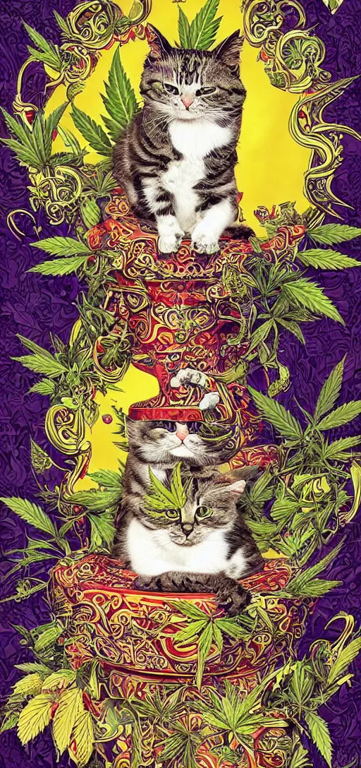 Prompt: ”happy smiling cat holding a marifuana joint while sitting high on a sofa, marijuana leaves swirling in the background, [ultra detailed, contrast, ornate and intricate, art by joe fenton]”