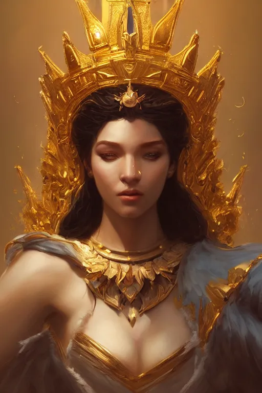 Image similar to goddess of the golden crown, highly detailed, digital painting, artstation, concept art, smooth, sharp focus, illustration, unreal engine 5, 8 k, art by artgerm and greg rutkowski and edgar maxence