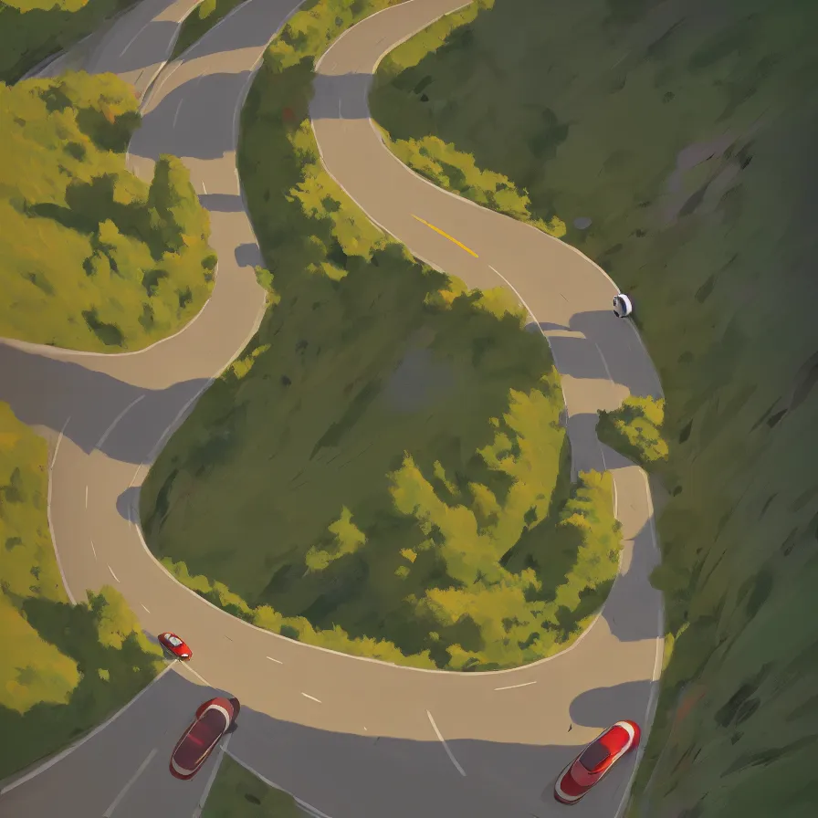 Prompt: Goro Fujita illustrating View from above of a mountain road descending in curves, art by Goro Fujita, concept art, sharp focus, ArtStation