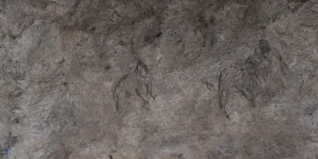 Prompt: A Yorkshire Terrier very roughly sketched on the wall of a cave, a petrogliph, stone art by Pueblan peoples, stone art