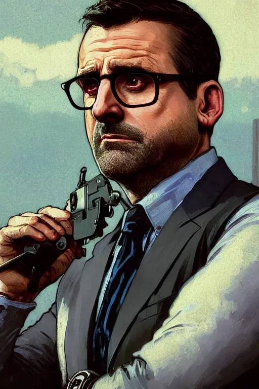 Image similar to gta 5 steve carell profile picture by greg rutkowski, michael scott, the office, dynamic pose, intricate, futuristic, fantasy, elegant, by stanley artgerm lau, greg rutkowski, thomas kindkade, alphonse mucha, loish, norman rockwell, fantasy lut, asymmetric, long hair, retro computer graphics, video game, fluid lines,