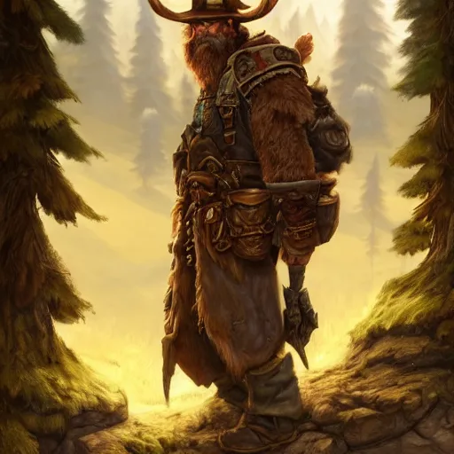 Image similar to a frontiersman in a moose hat, World of Warcraft, cover art, ultra wide lens shot, pretty, beautiful, DnD character art portrait, matte fantasy painting, DeviantArt Artstation, by Jason Felix by Steve Argyle by Tyler Jacobson by Peter Mohrbacher, cinematic lighting, unreal engine, octane render, realistic lighting