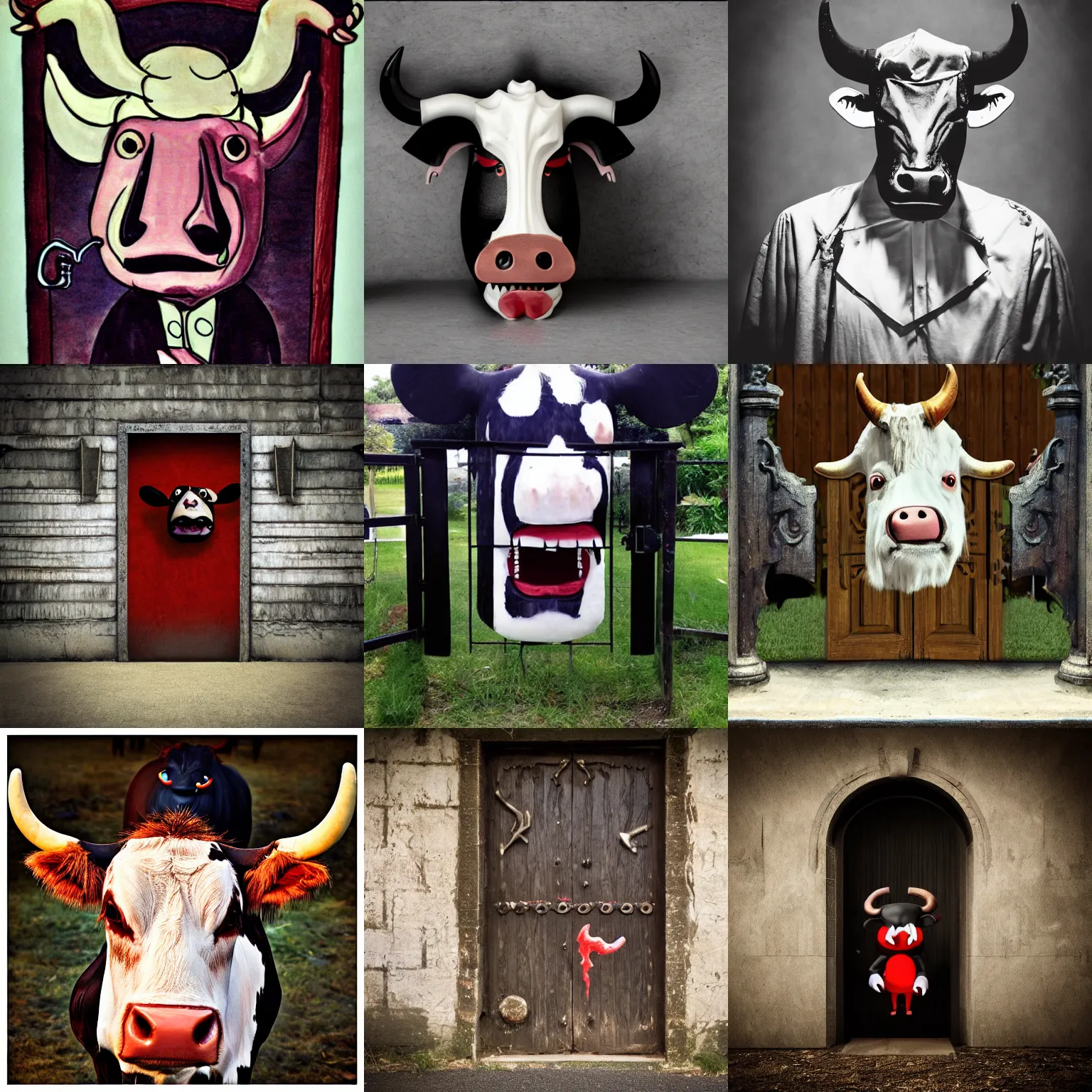 Prompt: photo of demonic anthropomorphic cow, gate, spirit, demonic, devil, evil