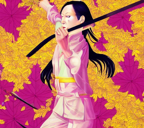 Image similar to breathtaking detailed pattern pastel colors, action scene from kill bill, with uma thurman ( kill bill ) in yellow kimono, with hatori hanzo katana sword and autumn leaves, by hsiao - ron cheng, bizarre compositions, exquisite detail, enhanced eye detail