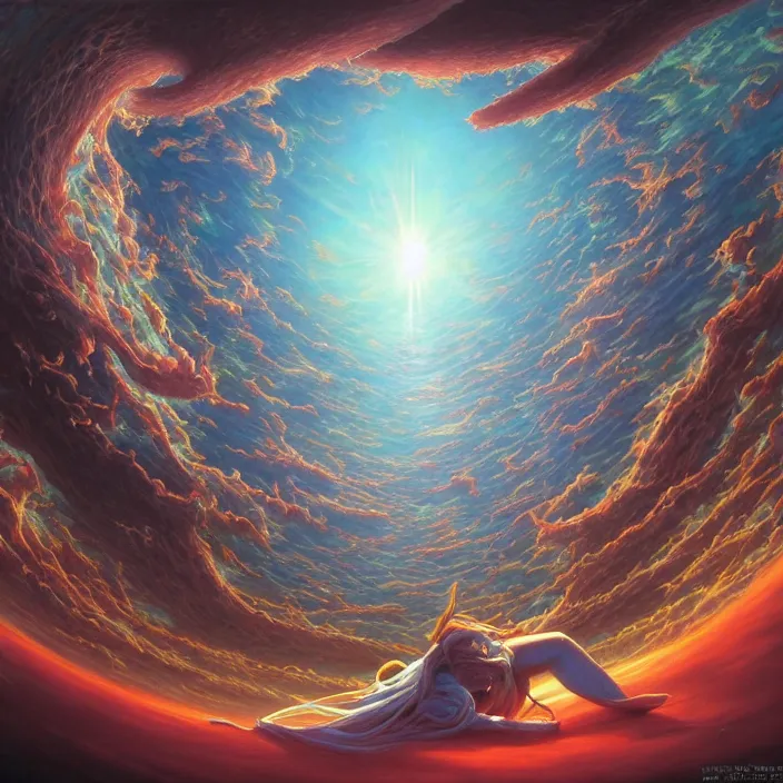 Image similar to Mayer Re-l, official anime key media, close up of Iwakura Lain, LSD Dream Emulator, paranoiascape ps1, official anime key media, painting by Vladimir Volegov, beksinski and dan mumford, giygas, technological rings, johfra bosschart, Leviathan awakening from Japan in a Radially Symmetric Alien Megastructure turbulent bismuth glitchart, Atmospheric Cinematic Environmental & Architectural Design Concept Art by Tom Bagshaw Jana Schirmer Jared Exposure to Cyannic Energy, Darksouls Concept art by Finnian Macmanus