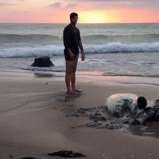 Image similar to a giant human washed up on shore