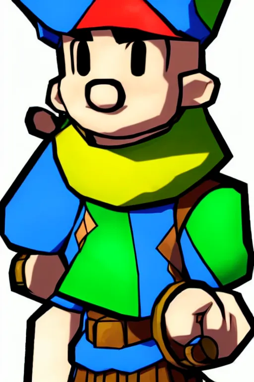 Image similar to an in game portrait of link from paper mario : the origami king, paper mario : the origami king art style.