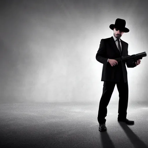 Image similar to serious looking man in a black suit and black fedora hat. he has a big silver gun, 4 k, atmospheric, epic scene, strong shadows, high contrast