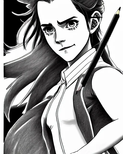 Image similar to a very detailed pencil drawing of emma watson in demon slayer manga panel, action lines, in field high resolution, dynamic pose, landscape, portrait, action, hyper realistic, manga, koyoharu gotouge, sakuga