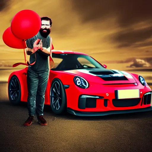 Prompt: A red bearded guy driving a GT3S, balloons, digital art, trending on Artstation