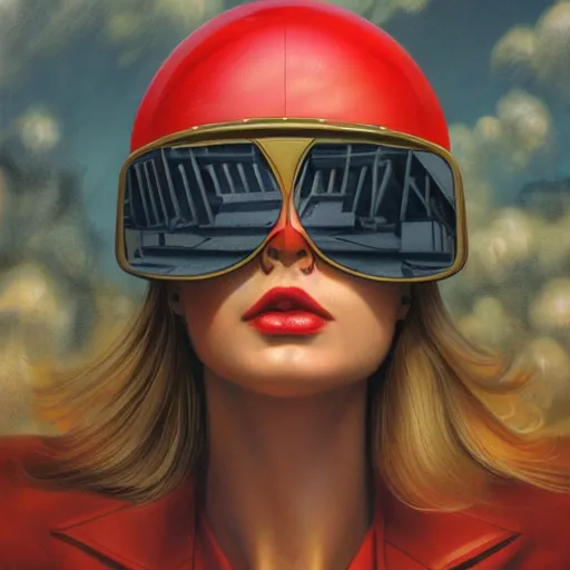 Prompt: detailed face of a woman, clockwork, moment, tectonic sky, skydome, bullet train, turbines, utopian, tech noir, wet reflections, prism, atmospheric, ambient, pj crook, syd mead, livia prima, artgerm, greg rutkowski, nick alm, casey baugh, long blonde hair, gold tinted visor, red weave hat, windswept