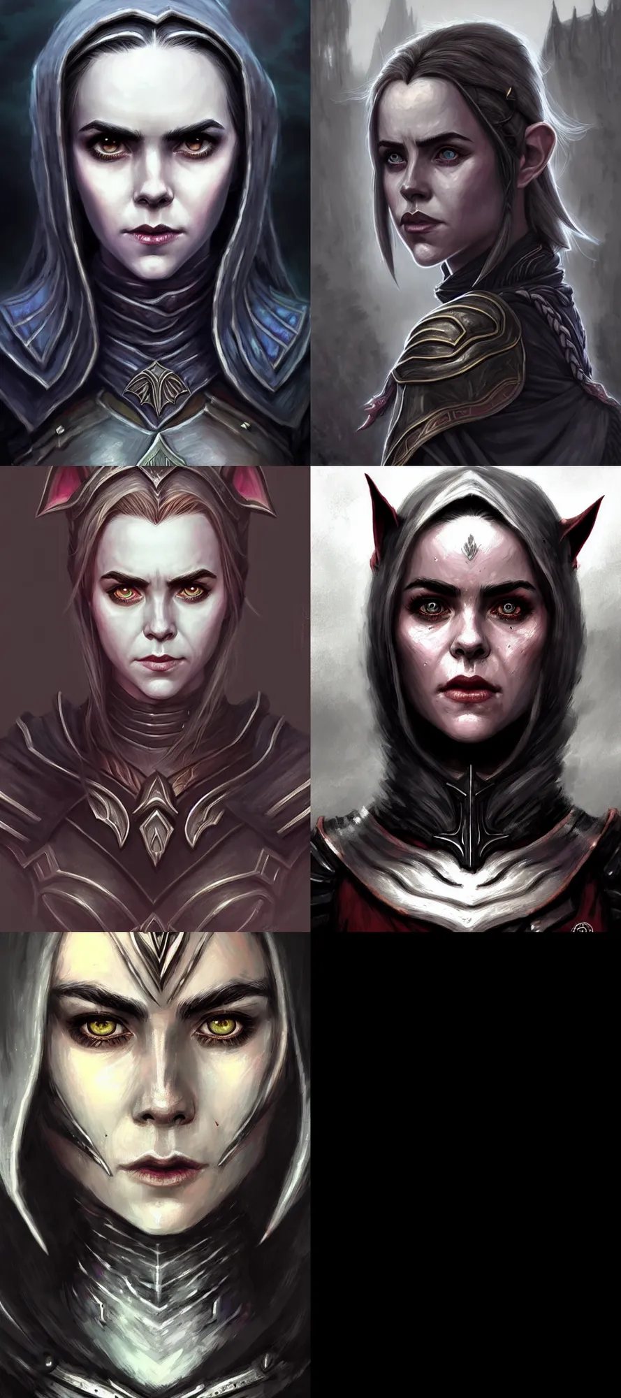 Prompt: portrait of dunmer dark elf kiernan shipka, elder scrolls colourised, face portrait, epic elder scrolls art, fantasy, skyrim, hd shot, digital portrait, beautiful, artstation, comic style, by artgerm, guy denning, jakub rozalski, magali villeneuve and charlie bowater