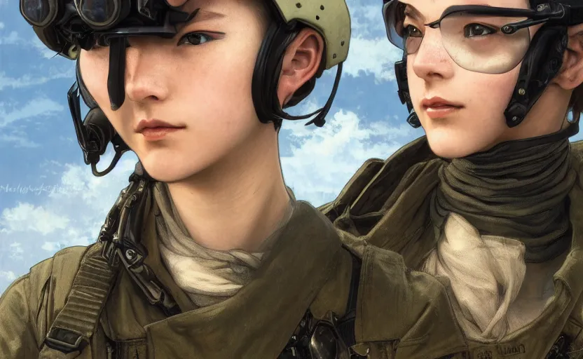 Prompt: a flying girl, fused aircraft parts, military pilot clothing, combat goggles, anime style, short hair, hair down, symmetrical facial features, from arknights, hyper realistic, 4 k, rule of thirds, extreme detail, detailed drawing, trending artstation, hd, realistic lighting, by alphonse mucha, greg rutkowski, shoulder eyes, backlit