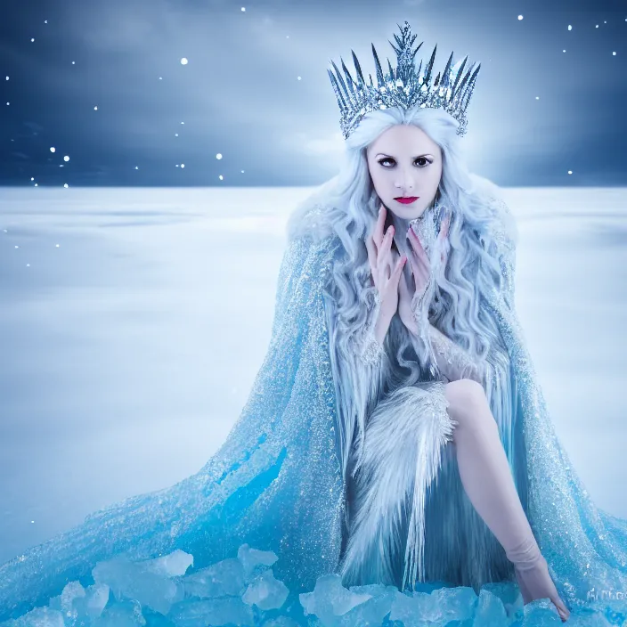 Prompt: professional photograph of a beautiful!! ice queen with intricate crown and cloak, sitting on an icy throne. Extremely detailed. 8k