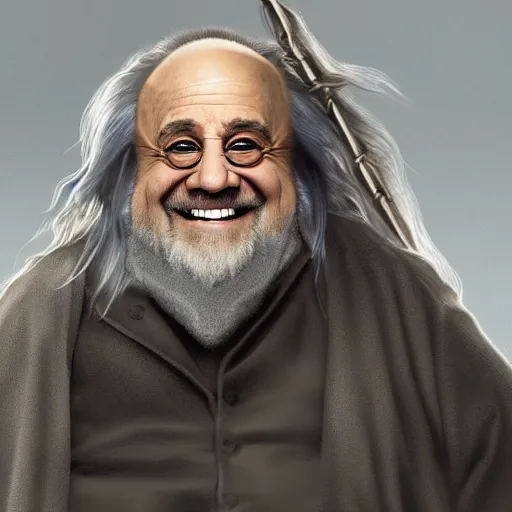 Image similar to portrait danny devito as gandalf, deviantart, smile, ultra realistic illustration, final fantasy