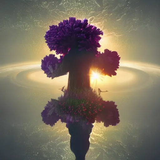 Image similar to A picture of a planet of various flowers, fungus and plants, in which the human figure is dressed in something magical and impressive, inside the picture is infinity, sunset light, Atmospheric phenomenon, artistic photography, muted colors, conceptual