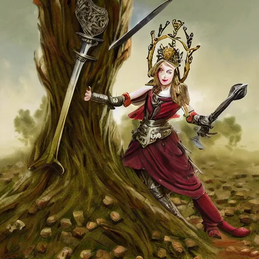 Image similar to an anthropomorphic poppy flower wears an iron breastplate with a gilded crown crest on it, holding a sword and shield as if she's ready for battle, standing next to a large tree stump that seems to be made out of white marble or stone, digital art