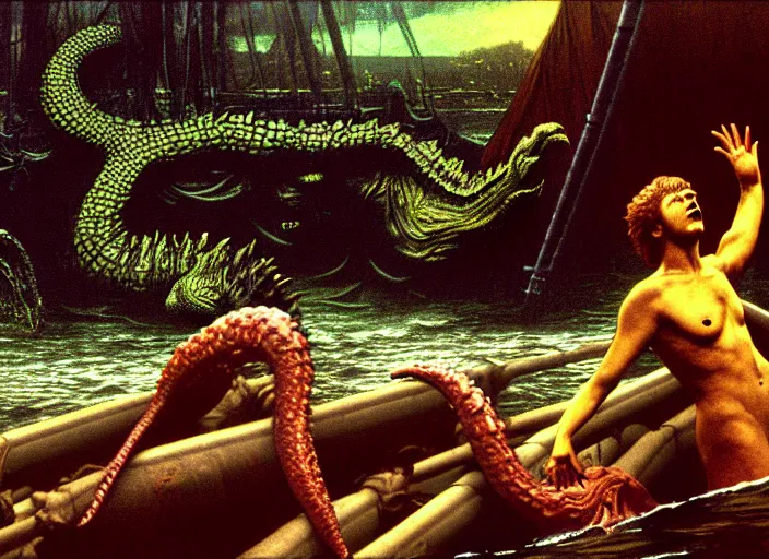 Image similar to photo of wet slimy godzilla attacking the raft of the medusa, by lawrance alma - tadema by roger corman by richard corben by rick baker, fujifilm velvia 5 0. masterpiece. intricate, hyper realism, high detail, octane render, unreal engine, 8 k, by katsuhiro otomo