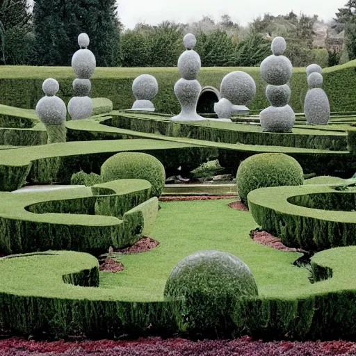 Image similar to giant Italian modern castle formal garden with a modern stainless steel organic shaped modern sculptureswith mirror finish by Tony Cragg, photo by Annie Leibovitz