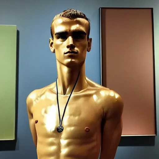 Image similar to “ a realistic detailed photo of a guy who is an attractive humanoid who is half robot and half humanoid, who is a male android, soccer player antoine griezmann, shiny skin, posing like a statue, blank stare, at the museum, on display ”