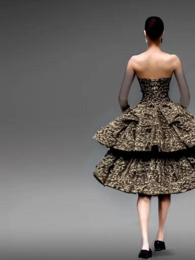 Prompt: a dress made by alexander mcqueen, model walking down a catwalk, photorealism, 4 k