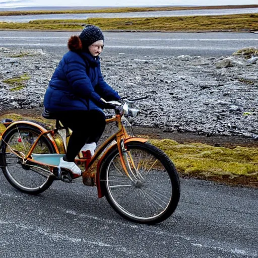 Prompt: A 60-year-old woman in warm clothes traveling by bicycle on the roads of Iceland. The bicycle has saddlebags.