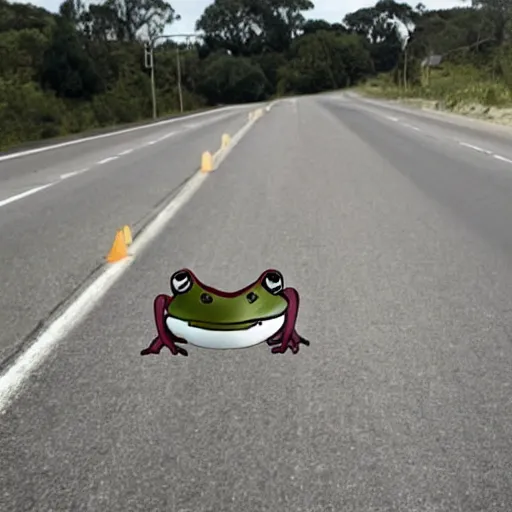 Prompt: anthropomorphic frog protesting on a freeway