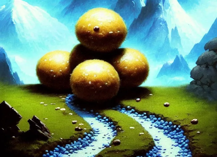 Image similar to magic : the gathering fantasy concept art of cute riceballs bouncing down a mountain path, by franz frazetta, high resolution, rice granules scattered all around, balls of rice, bouncing, fantasy coloring, intricate, digital painting, artstation, smooth, sharp focus