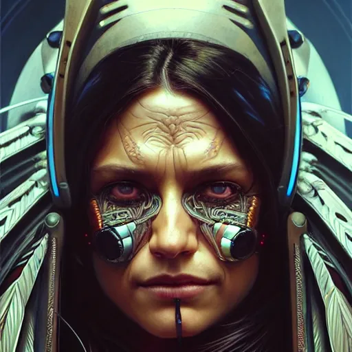 Image similar to portrait painting of a cyberpunk corporate boss native american, ultra realistic, concept art, intricate details, eerie, highly detailed, photorealistic, octane render, 8 k, unreal engine. art by artgerm and greg rutkowski and charlie bowater and magali villeneuve and alphonse mucha