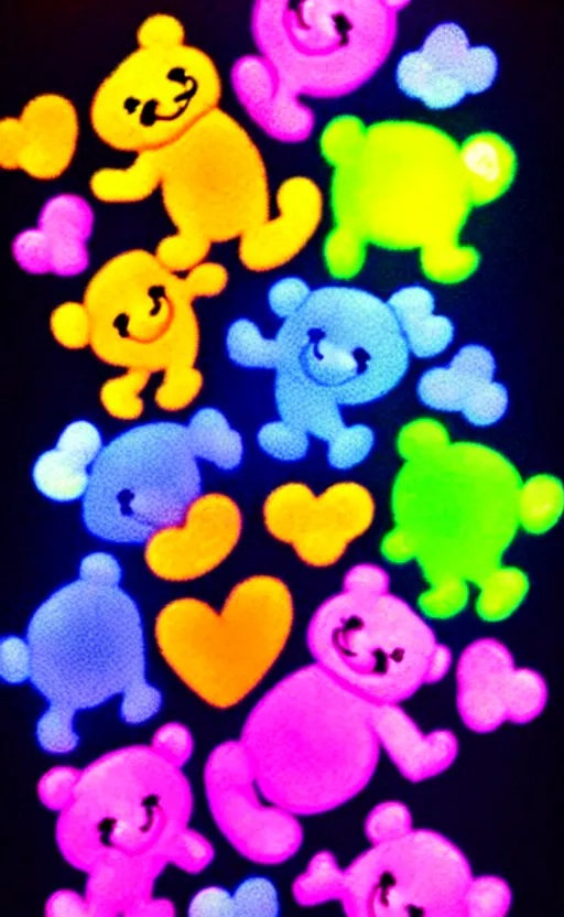 Image similar to care bears at woodshock blacklight style