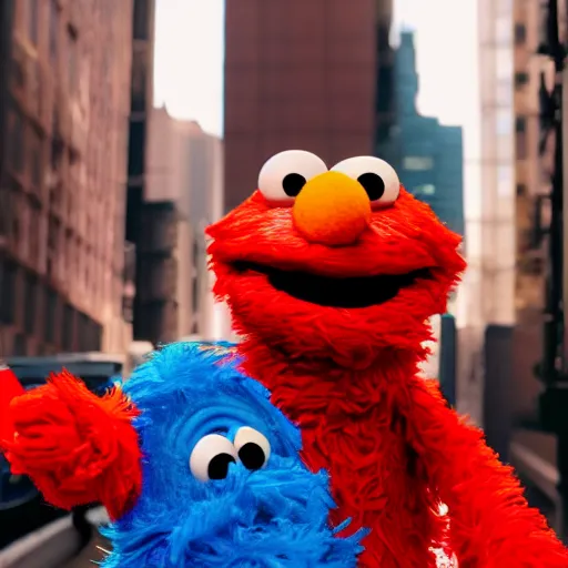 Prompt: Elmo from sesame street dressed up as a stylish rapper, wearing a hoodie and gold chain and backwards hat, in New York City, highly detailed, 4K, moody lighting, 90’s vibe, 3d render, octane redshift, 8k