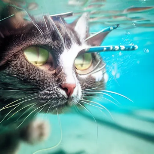 Prompt: cat wearing a diving mask underwater on a swimming pool