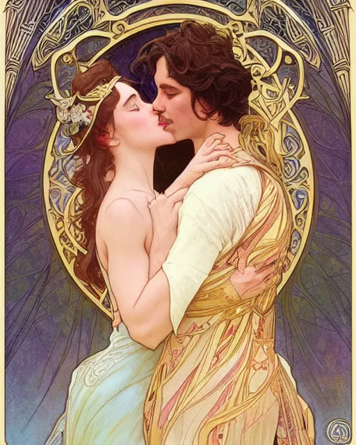 Image similar to the kiss | highly detailed | very intricate | art nouveau | gold filigree | romantic storybook fantasy | soft cinematic lighting | award - winning | disney watercolor illustration by mandy jurgens and alphonse mucha and alena aenami | pastel color palette | featured on artstation