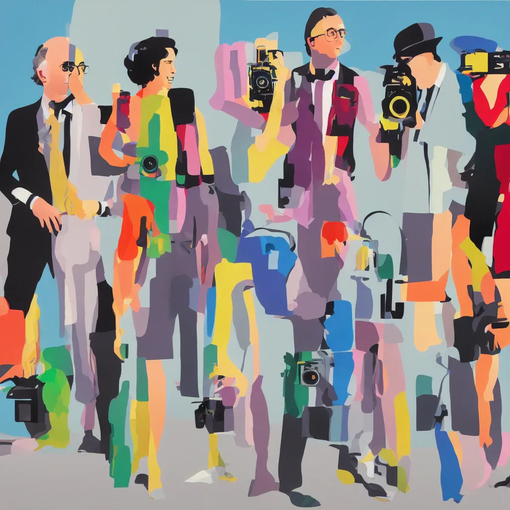 Image similar to full body portrait of a trio of european tourists with nikon cameras, rear views, character designs painting, in the style of wes anderson, rene magritte, lola dupre, david hockney, isolated on white background, dark monochrome neon spraypaint accents volumetric octane render