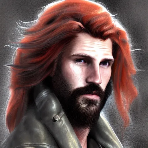 Image similar to portrait of a ruggedly handsome!!!!! male ship captain with long red hair!!!!!!, 30 years old, upper body, wavey hair, leather coat, friendly, playful, D&D, hairworks, Unreal 4, fantasy, elegant, highly detailed, digital painting, hairworks, deviantart, artstation, concept art, sharp focus, dramatic lighting, illustration, art by Artgerm and Greg Rutkowski and Alphonse Mucha