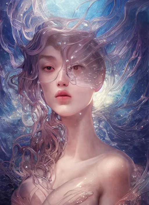 Prompt: an underwater photographic portrait of a woman created out of starlight and smoke, cinematic, volumetric lighting, beautiful fantasy, intricate, elegant, highly detailed, digital painting, artstation, concept art, smooth, sharp focus, illustration, art by ayami kojima, artgerm and h r giger and alphonse mucha