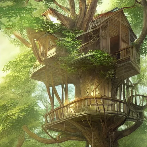 Prompt: beautiful tree house in a tall tree with long vine hanging from the house, surrounded by lush trees, sharp focus, highly detailed, artgerm, cgsociety