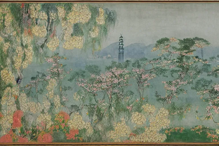 Prompt: an ultradetailed landscape painting of scenic westlake in china hangzhou, light yellow may flowers blossoms nearby, pagodas faraway, autumn wind, chinese water color, smooth, by hilma af klint