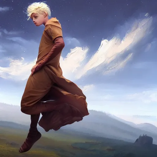 Image similar to blonde boy wearing a brown cape and flying in t pose, powerful, space background, oil painting, brush strokes, greg rutkowski