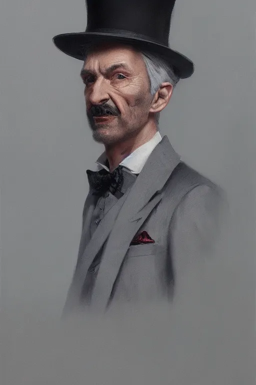 Image similar to a man grey hair with stubble top hat and suit by Greg Rutkowski, painting, portrait, high details, trending on artstation