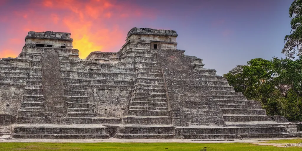 Prompt: a photo of an ancient maya temple, masterpiece, very detailed, 8k hdr, golden hour