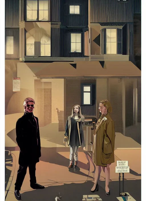 Prompt: poster artwork by Michael Whelan and Tomer Hanuka, Karol Bak of Kiernan Shipka wearing a turtleneck and lab coat meeting Alan Turing outside her apartment, from scene from Twin Peaks, clean