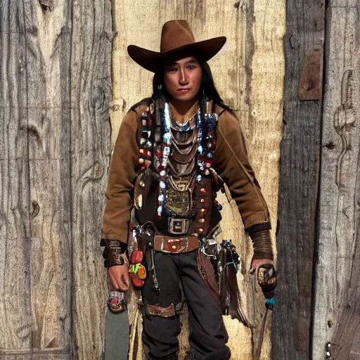 Image similar to young thin native American man, wearing cargo buckskin jacket buckskin tactical toolbelt pockets bandolier full of trinket and baubles, steampunk arcane shaman, deadlands, weird west