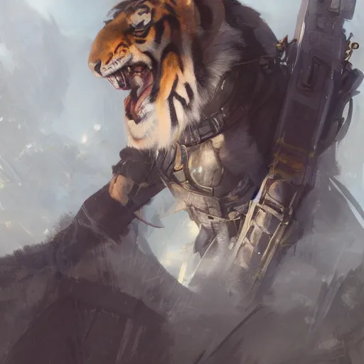 Prompt: portrait male anthro tiger dressed in military clothes character full body precis no blur, concept art, character sheet, nier automata, gaston bussiere, greg rutkowski, tsutomu nihei, cyberpunk, trending on artstation, featured on pixiv, hyper detail, cinematic composition, 8 k