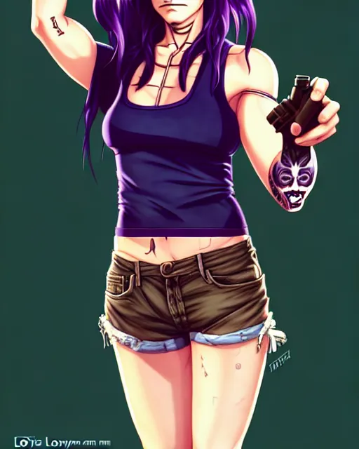 Image similar to a portrait of revy from black lagoon, dilraba dilmurarevy, smirk, black tank top, jean shorts, brown eyes, purple hair, tribal tattoos right arm sleeve, symmetrical eyes, symmetrical face, art by lois van baarle and loish and ross tran and rossdraws and sam yang and artgerm