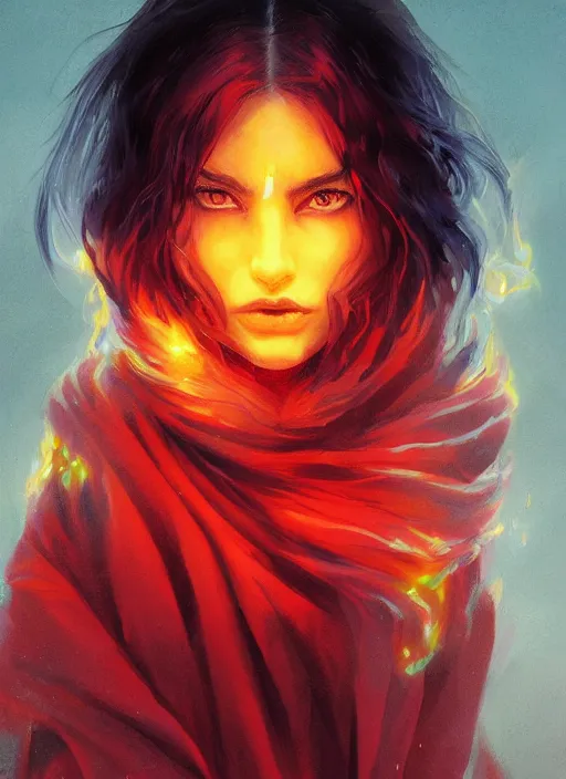 Prompt: candid portrait of a beautiful woman face, witch sorceress, wavy hair, glowing yellow eyes, wearing a red hooded shawl, portrait, by artgerm, by greg rutkowski, by noah bradley, digital avedon