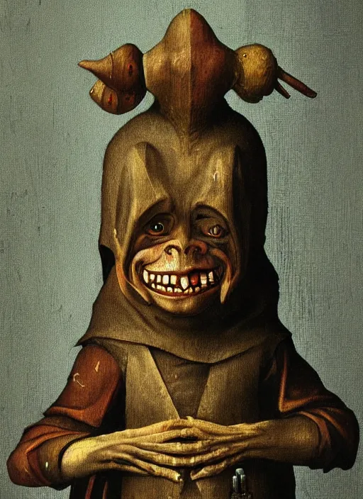 Prompt: medieval goblin, head and shoulders, painted by hieronymus bosch, detailed digital art, trending on Artstation