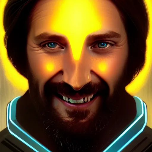 Image similar to tron legacy jesus, face closeup, laughing, diffuse lighting, hyper realistic, concept art, intricate, hyper detailed, smooth, sharp focus, illustration, trending on artstation, art by greg rutkowski and james gurney and alphonse mucha